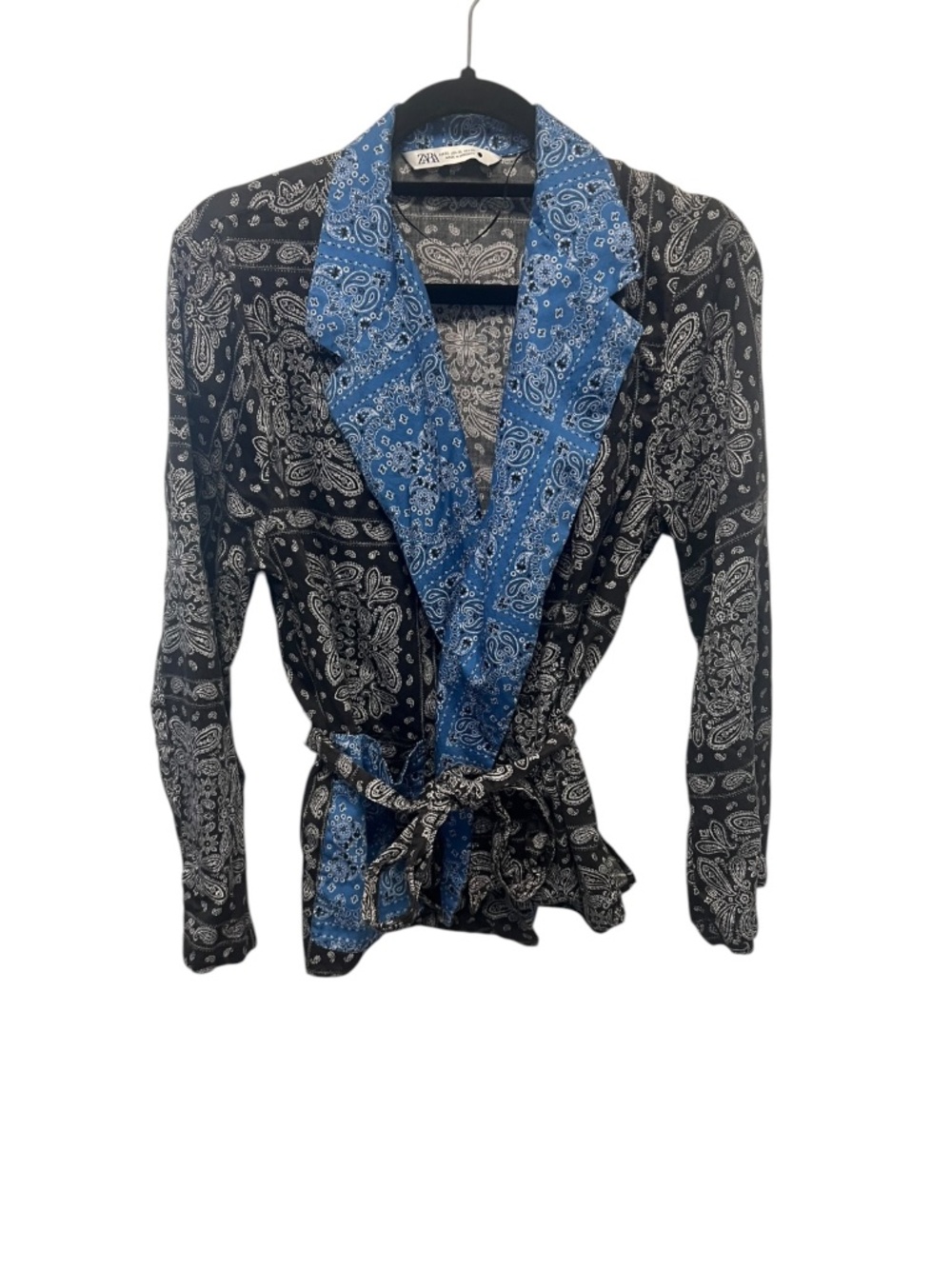Zara Bandana Print Tie Front Blazer Jacket XL Blue Black Boho